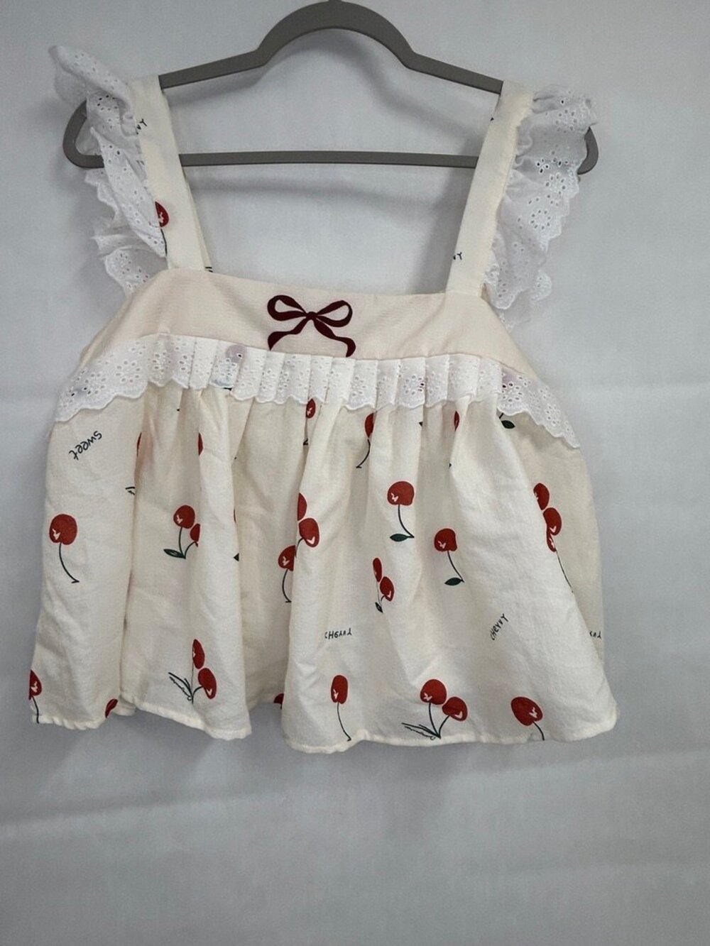 Coquette Indie Cottage Y2K Babydoll Lace Trim Peplum Cherry Print XL Euro Summer